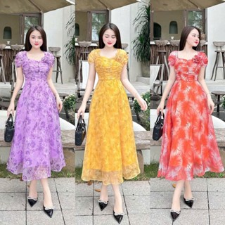 Đầm nữ trung niên chất voan mát áo nhúng cổ vuông đính ngọc trai họa tiết hoa phong cách sang trọng