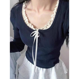 Áo thun tay dài phối ren mỏng cách điệu thời trang thu đông