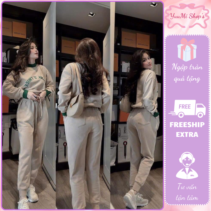 Set đồ nữ, đồ bộ nữ áo thun nỉ be cổ tròn dài tay phối viền in chữ ngực xanh mix quần dài bo gấu HCOM3226 YuuMi Style