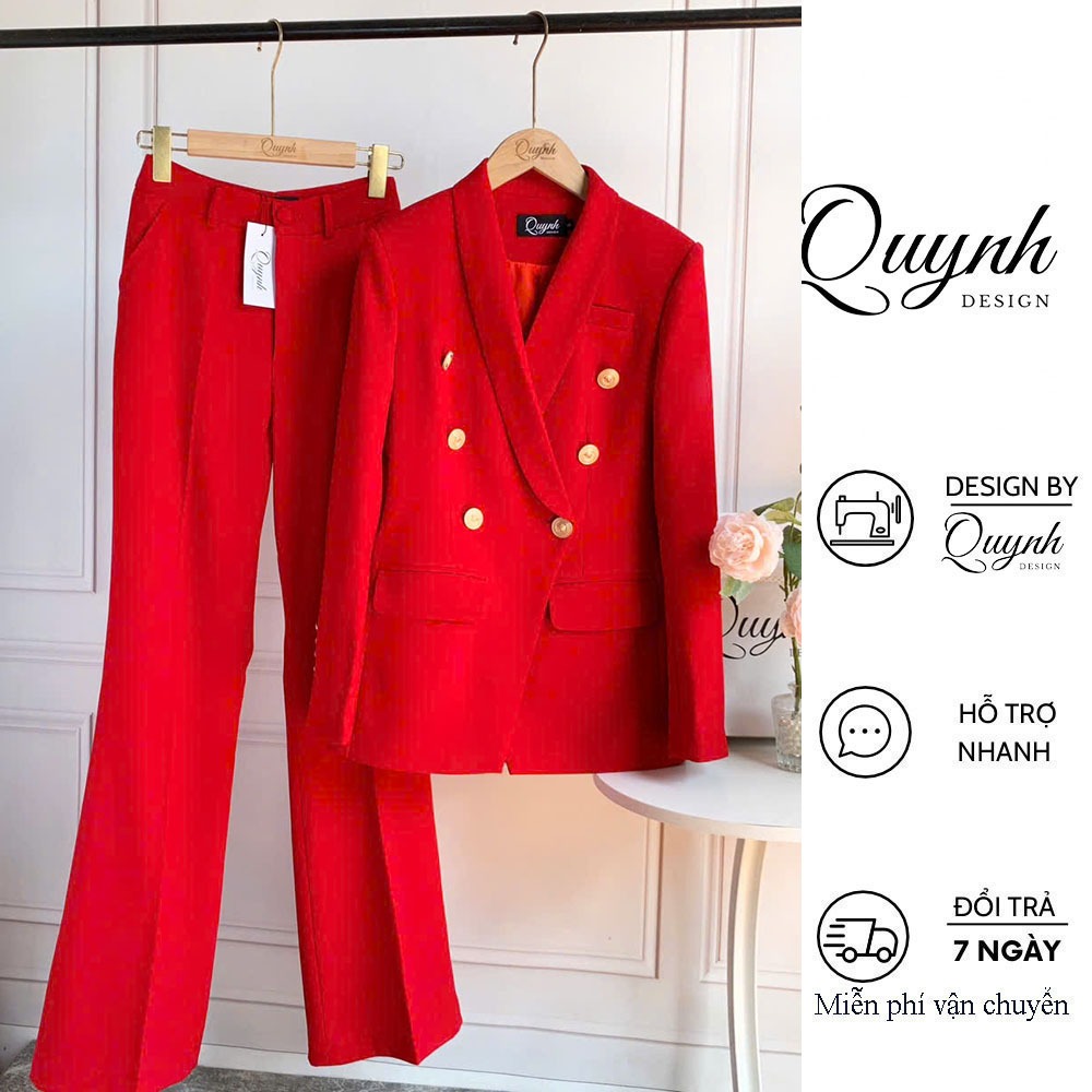 Set vest nữ blazer công sở QUYNH DESIGN cao cấp thiết kế áo chiết eo dài tay quần ống loe màu đỏ