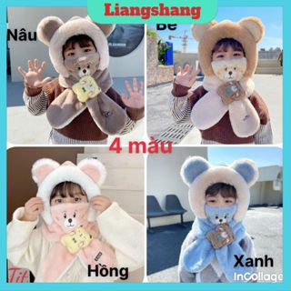  Mũ bảo vệ tai CÚN DITIP - Mũ Len 3in1 hình cún nâu Mũ lông trùm đầu liền khăn cổ khâu trang giữ ấm cho bé 