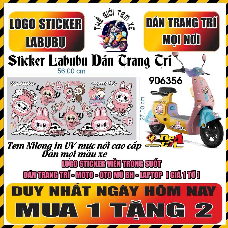 Sticker Labubu Tem UV mực nổi dán trang trí bàn học/ máy tính/ xe