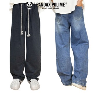 Quần Jean ống rộng kèm dây thừng nam nữ unisex dáng baggy suông trơn wash retro cạp chun lưng thun px pandax polime