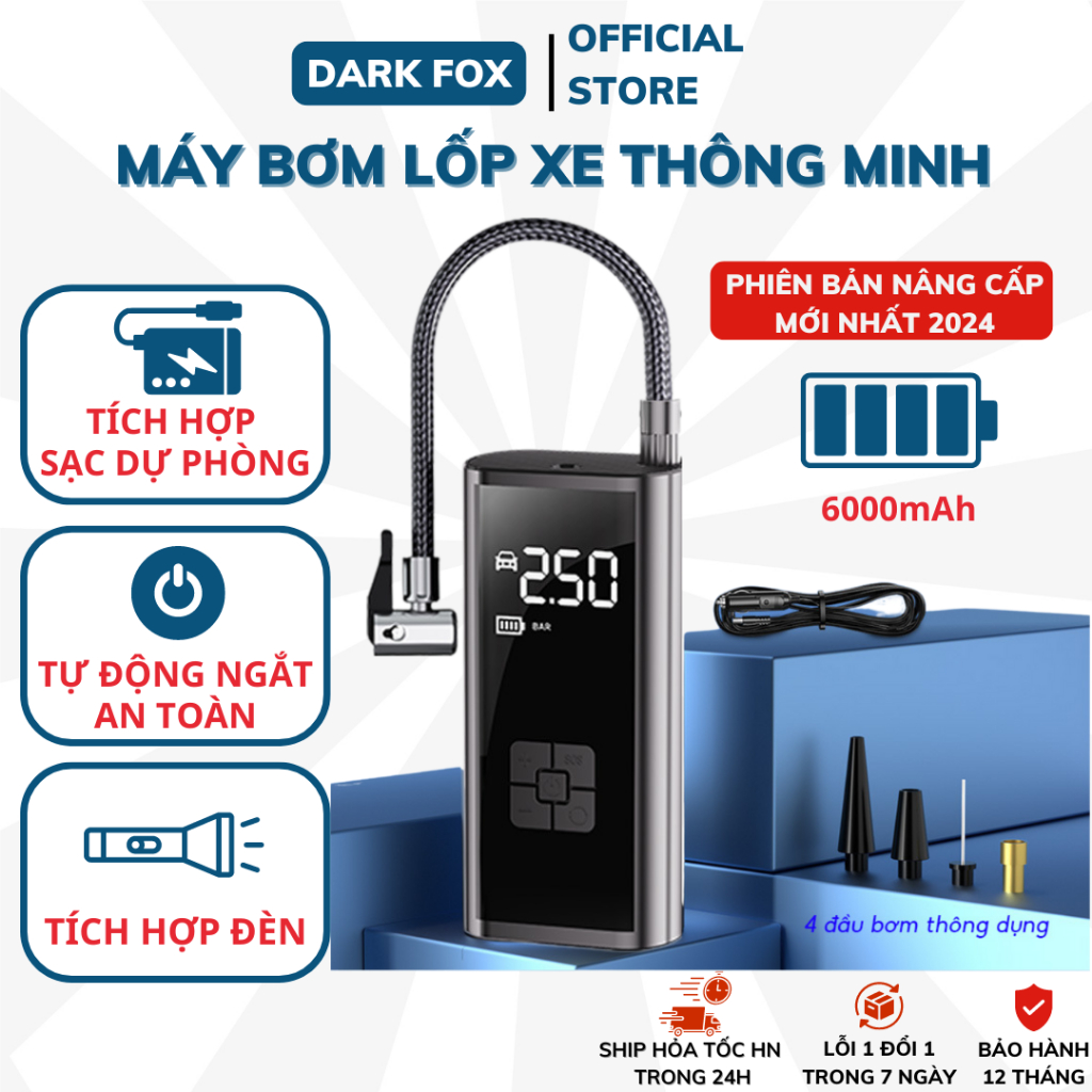 Máy Bơm Lốp Oto DELADEP Tích Điện Cầm Tay Đồng Hồ Điện Tử Hiển Thị Áp Suất, Tích Hợp Đèn Chiếu Sáng BXO02