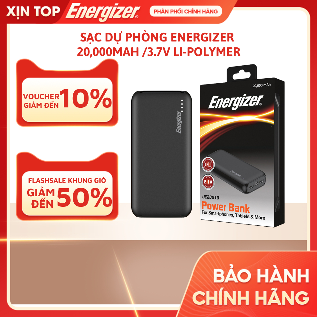 Sạc dự phòng Energizer 20,000mAh /3.7V Li-Polymer UE20058BK | UE20010BK - Hàng chính hãng bảo hành 2 năm 1 dổi 1