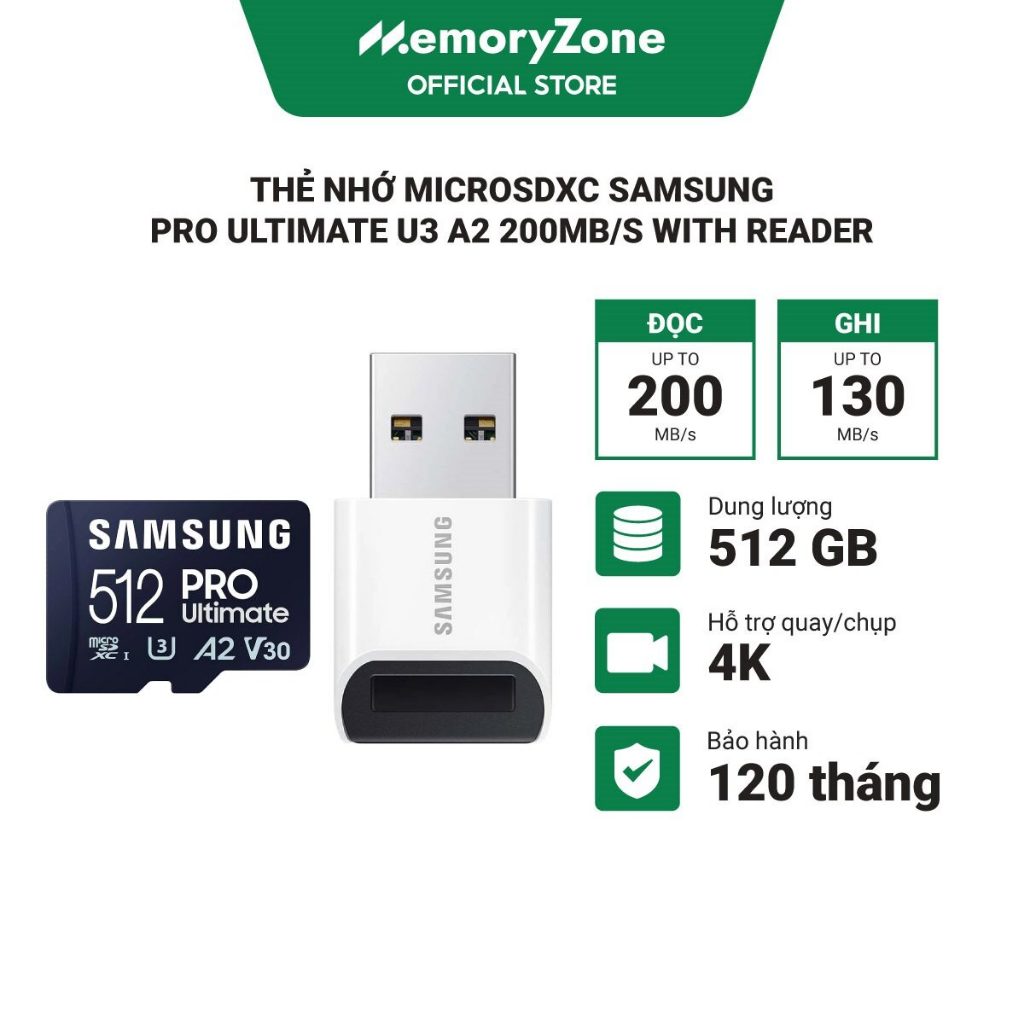 Thẻ Nhớ MicroSDXC Samsung Pro Ultimate U3 A2 128GB - 256GB - 512GB 200MB/s With Reader