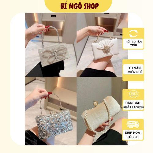 Túi xách cầm tay/Clutch nữ nhung dự tiệc sang chảnh, túi tiệc kèm kem ngọc sang trọng BÍ NGÔ