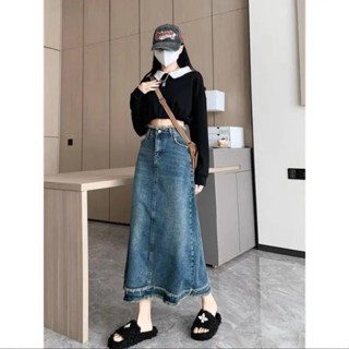 Chân Váy Jean Nữ Bigsize (54-90kg) Dài Cạp Cao Dáng Dài Tua Lai Xẻ Sau Xanh Đậm 0028