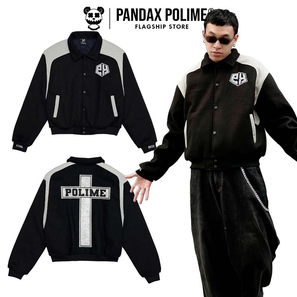 Áo khoác boxy jacket varsity local brand bomber nam nữ trần bông phối màu chất dạ ép nỉ croptop unisex Pandax Polime