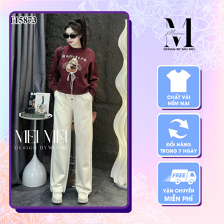 Set đồ nữ thu đông áo sweater in hình dáng ngắn màu đỏ đô phối quần dài ống rộng màu be có dây rút Meistore ST15873