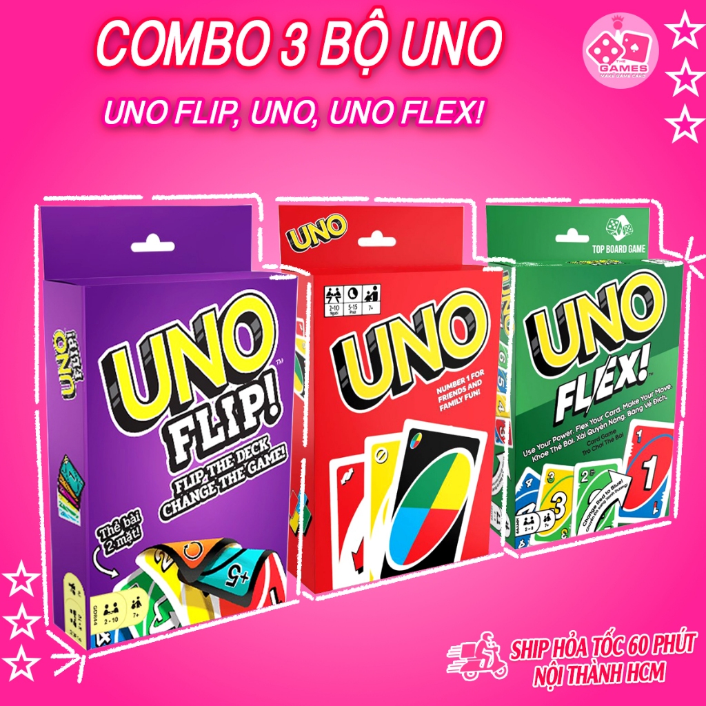 COMBO 3 Bộ UNO FLIP, UNO, UNO Flex 330 thẻ bài UNO boardgame vui vẻ cho gia đình và bạn bè