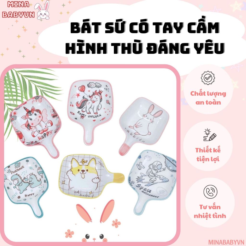 Bát sứ có tay cầm, Bát sứ ăn dặm hình thù đáng yêu cho bé ăn dặm an toàn, tiện lợi