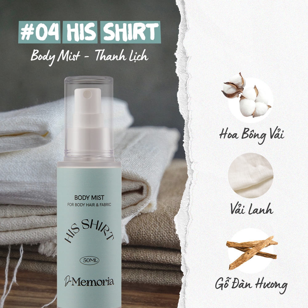 Body Mist Xịt Thơm Cơ Thể De Memoria Không Cồn Khô 50ml  - BST Cảm Xúc Chân Thật