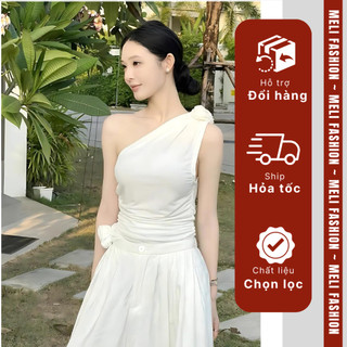 Đầm cổ chéo lệch vai gắn nơ MELI mix quần ống rộng sang chảnh [ B31]