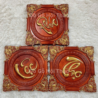 Bộ tranh vuông 3 tấm phúc lộc thọ gỗ hương đỏ trang trí treo tường phòng khách, Đồ gỗ mỹ nghệ