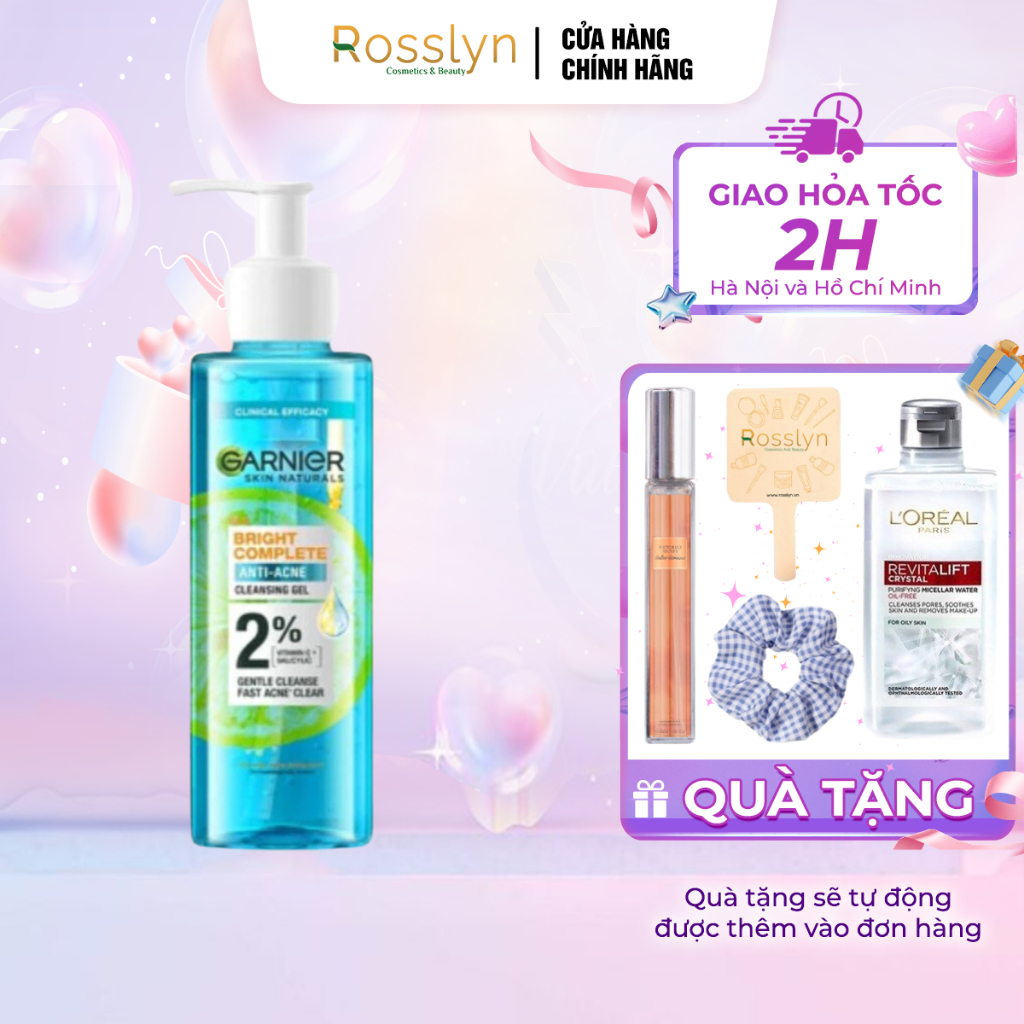 Sữa rửa mặt dạng gel sạch thoáng dịu nhẹ Garnier 2% [BHA, Vitamin C] cho da dầu mụn 120ml Rosslyn Co