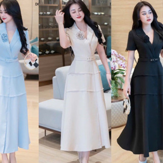 ẢNH THẬT váy cổ vest xoè dài cao cấp công sở đi làm đi tiệc đen, be, xanh big size