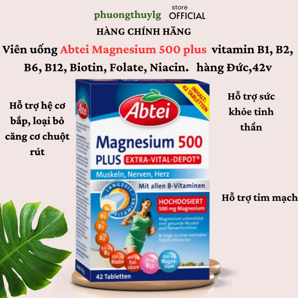 Viên uống Abtei Magnesium 500 plus  vitamin B1, B2, B6, B12, Biotin, Folate, Niacin.   hàng Đức,42v