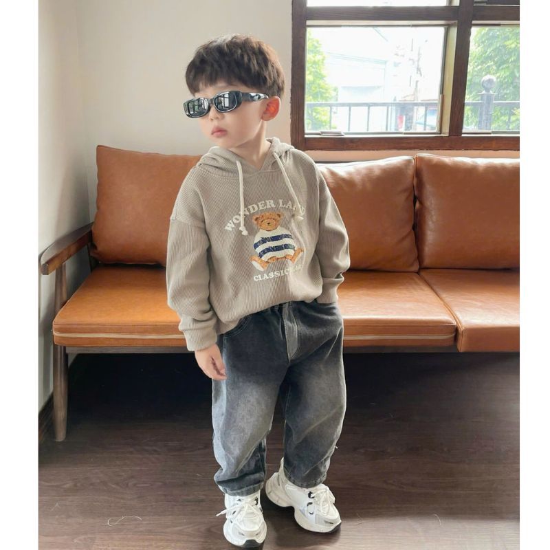 Áo hoodie tổ ong in gấu cho bé BEEMO áo nỉ bé trai áo cotton tổ ong co giãn mang siêu thoải mái- LEE