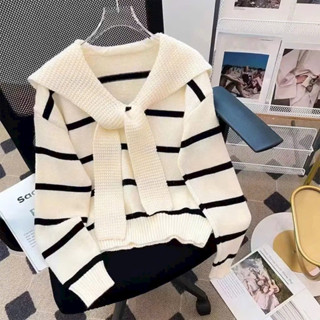 Áo len nữ dài tay thu đông, len kẻ ngang cổ thuỷ thủ buộc khăn siêu xinh, kiểu vintage 668