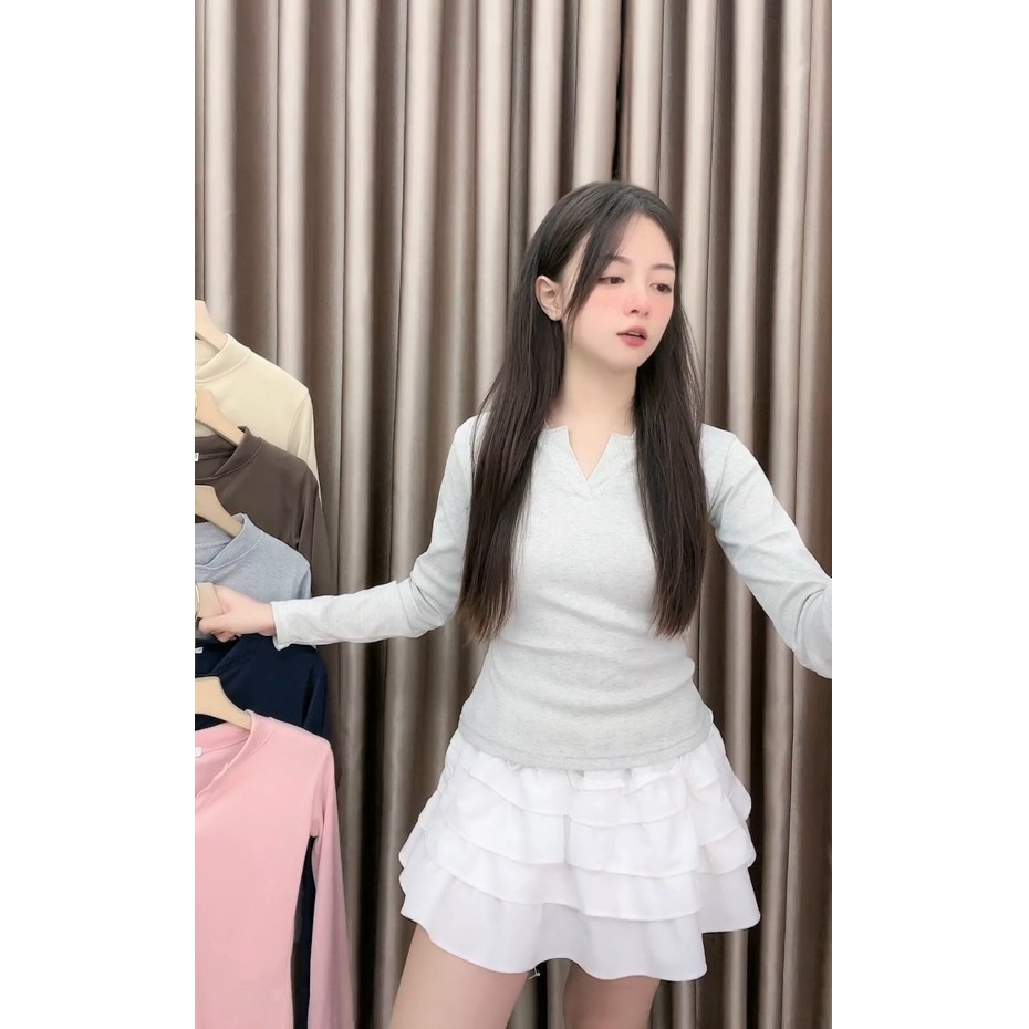 Áo dài tay cổ trụ chữ V dáng ôm body 15 màu nữ - Thun kiểu tiểu thư hotgirl oversize bigsize mặc thu đông sexy - ATH187 | BigBuy360 - bigbuy360.vn