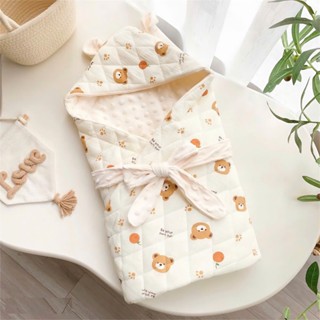 Chăn Ủ Mùa Đông Dày Dặn Phong Cách HQ Vải Xô Muslin Trần Bông Phối Vải Nhung Bi Kèm Dây Đai Mềm Mại Ấm Áp Cho Bé Sơ Sinh