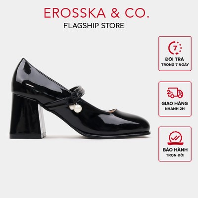 Erosska - Giày cao gót nữ mũi tròn đính hạt ngọc kiểu dáng sang trọng màu đen cao 7cm - EP017