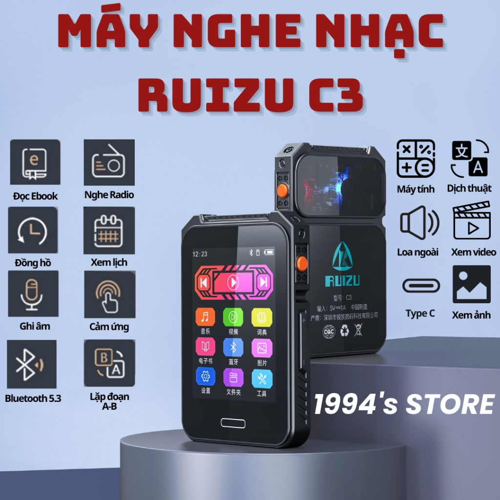 Máy nghe nhạc RUIZU C3 Bluetooth 5.3 - Màn hình 2.4inch xem phim, xem ảnh - Loa ngoài - Chui sạc Typ