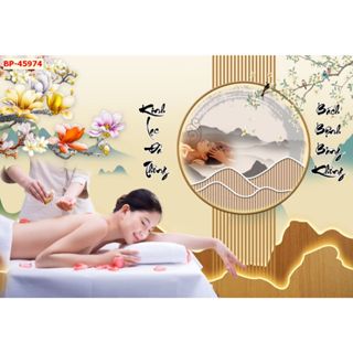 Tranh dán tường quán spa,gội đầu ,vai gáy, đông y dưỡng sinh kiểu lam sóng tranh vải lụa 3d tặng keo dán
