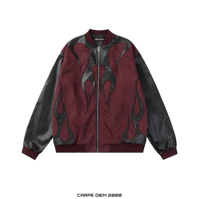 Áo khoác varsity bomber - Crimson Flame Varsity Jacket phối tay da hoạ tiết lửa. Unisex nam nữ phong