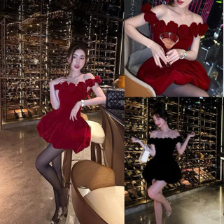 Đầm Nhung Bèo Viền Hoa Dáng Bí Phồng, Đầm Váy Đi Tiệc Trễ Vai Phối Hoa Xinh Xắn Mặc Sang Chảnh Cho Nàng Đi Tiệc, Đi Chơi