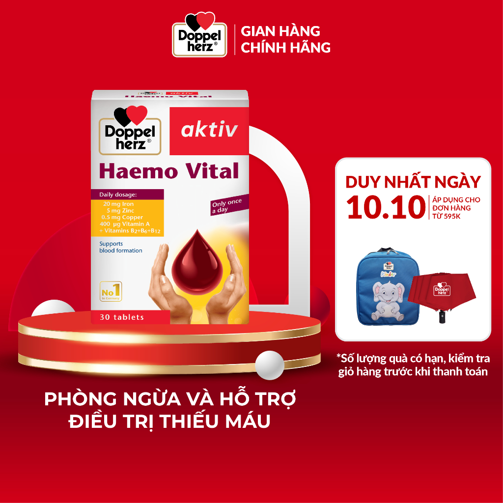 Viên uống bổ sung sắt Doppelherz Haemo Vital hỗ trợ phòng ngừa thiếu máu (Hộp 30 viên)