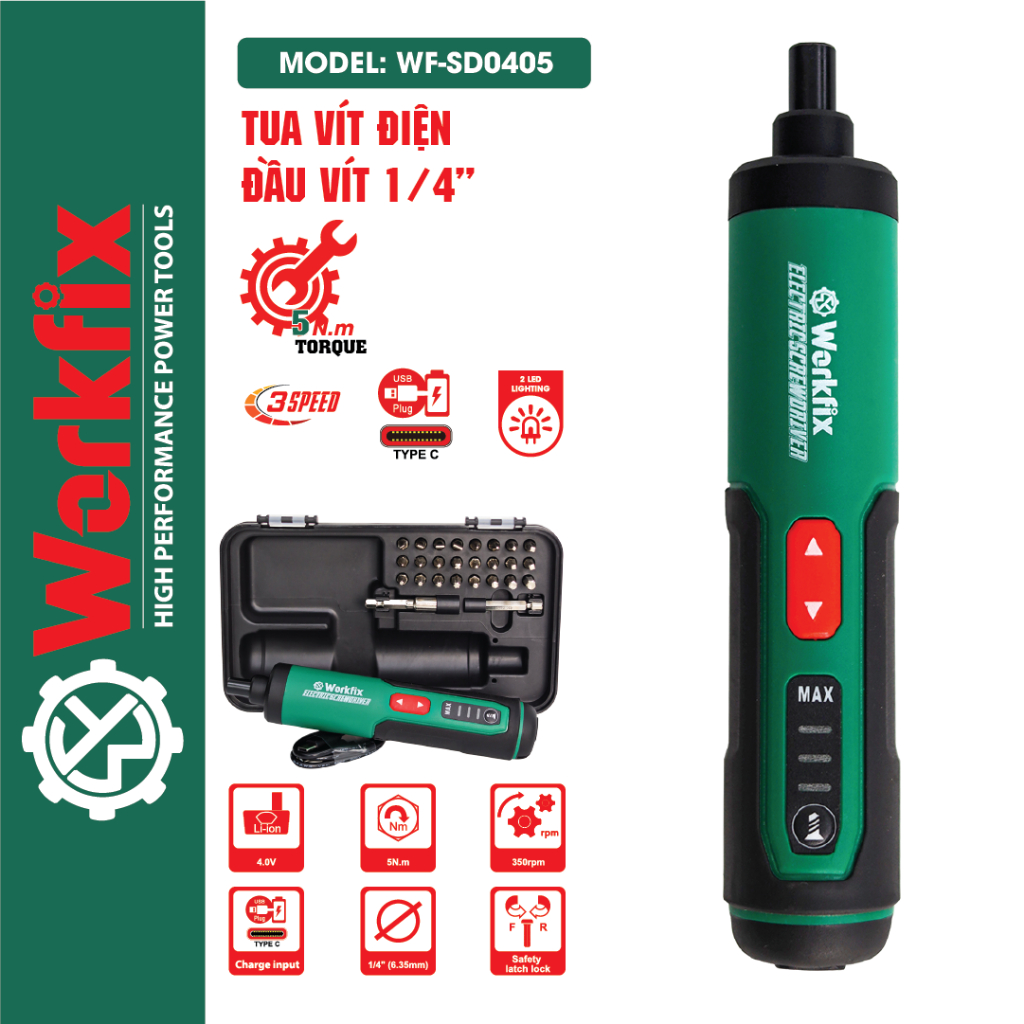 Máy Vặn Vít Mini WORKFIX WF-SD0405, Lực siết 5Nm - 3 Tốc độ - Tặng Bộ 24 phụ kiện