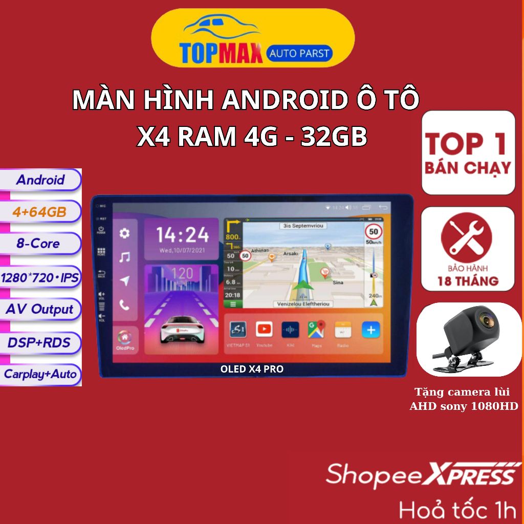 Màn Hình Android Ô Tô OLEDPRO X4 Ram 4GB Rom 32GB chính hãng chip 8 nhân core 7862, mặt kính Blue ra