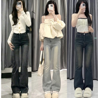 Quần Loe Jean Nữ Lưng Cao  MIAA Vải Jean Bò Màu Bụi Xanh Nhạt Phủ Dơ , Quần Bò Loe Cạp Cao Co Giãn 4 chiều siêu tôn dáng