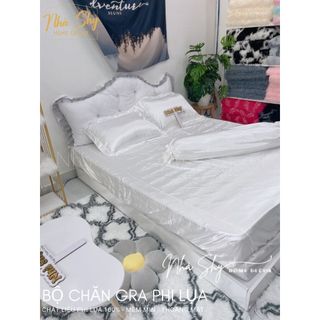 Trọn Bộ Drap Giường Phi Lụa Bóng Cao Cấp Màu Trắng Đủ Size - Set 4 Món và 5 Món - Nhà Shy Home Decor