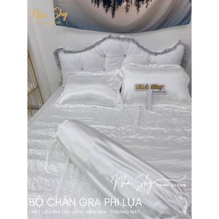 Trọn Bộ Drap Giường Phi Lụa Bóng Cao Cấp Màu Trắng Đủ Size - Set 4 Món và 5 Món - Nhà Shy Home Decor