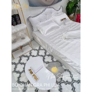 Trọn Bộ Drap Giường Phi Lụa Bóng Cao Cấp Màu Trắng Đủ Size - Set 4 Món và 5 Món - Nhà Shy Home Decor