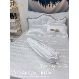 Trọn Bộ Drap Giường Phi Lụa Bóng Cao Cấp Màu Trắng Đủ Size - Set 4 Món và 5 Món - Nhà Shy Home Decor