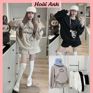 Set Bộ Đồ Nữ Nỉ 2 Da Thêu ESSENTIALS Áo Nỉ Cổ Tròn Dài Tay Dáng Thụng Mix Quần Sooc Đùi Ống Rộng Freesize