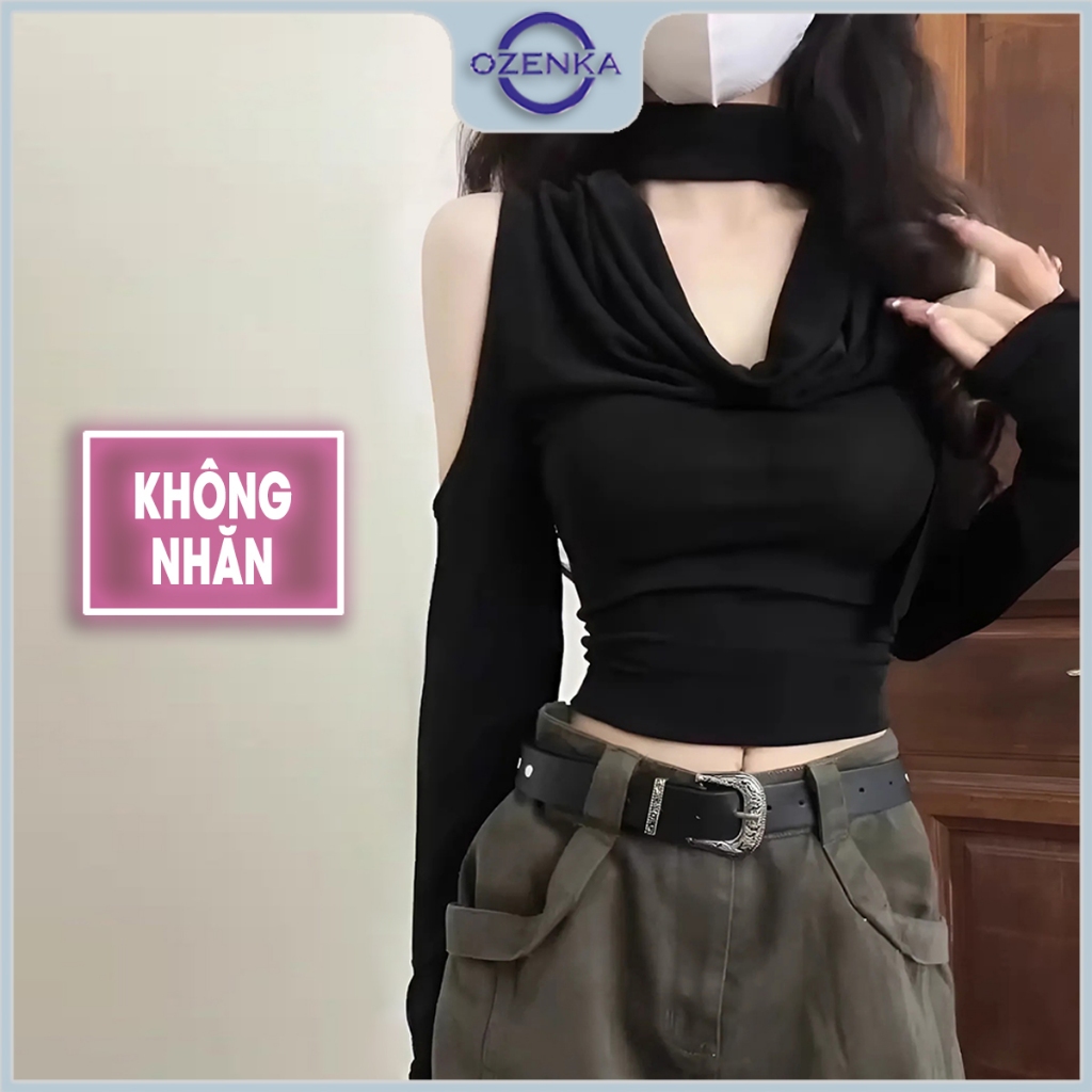  Áo croptop cổ đổ hở vai dài tay ôm nữ ozenka  áo thu đông cool ngầu sang chảnh màu đen vải tăm mịn mặc đi chơi 