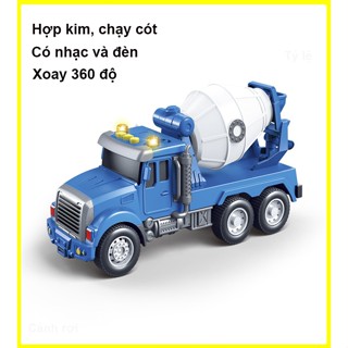 Đồ chơi xe trộn bê tông bằng hợp kim và nhựa, có nhạc và đèn, thùng xoay 60 độ, chạy cót, kích thước lớn