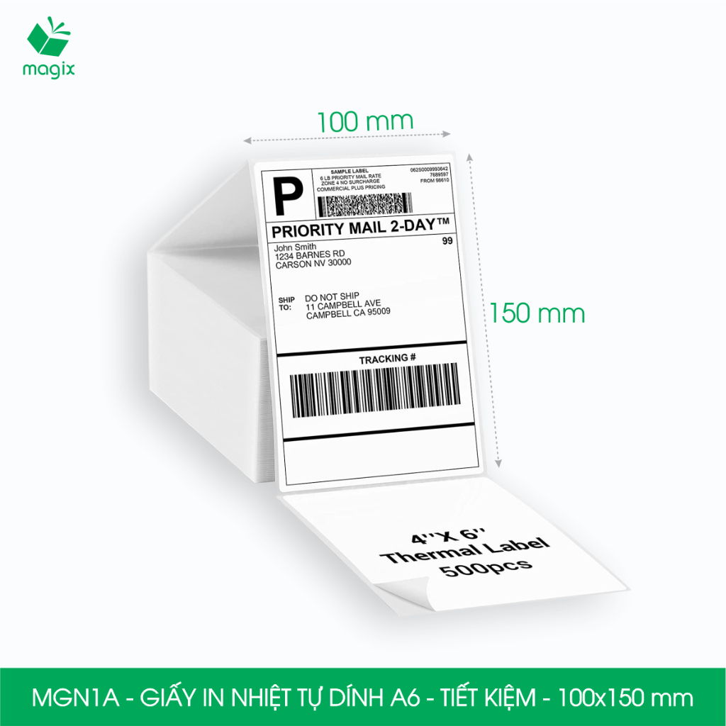 MGN1A - 100x150mm - Xấp 500 tờ giấy in nhiệt A6 tự dính - Giấy in đơn hàng, giấy in A6