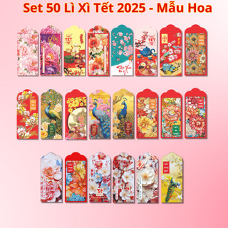 50 Phong Bao Lì Xì Tết 2025 Mẫu Hoa Chất Liệu Giấy C120 Có Tặng Kèm Túi Bóng Kính