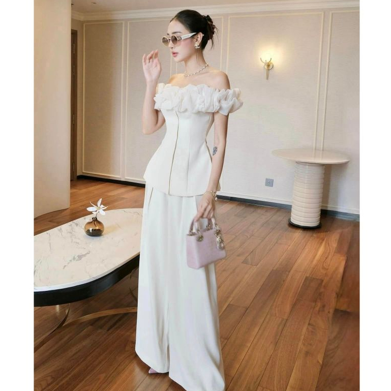 Set đồ nữ áo trễ vai phối bèo cúc dọc ngắn tay mix quần suông trắng ống rộng che khuyết điểm thiết kế MAY LẠI