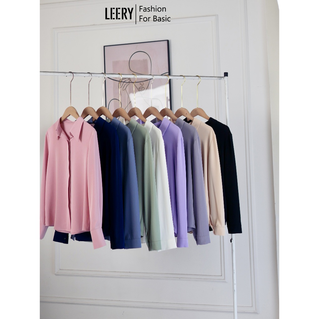 Áo sơ mi công sở nữ đẹp kiểu Hàn Quốc form rộng tay dài chất lụa cao cấp màu Trắng Be Đen Xanh LEERY SM-01 | BigBuy360 - bigbuy360.vn