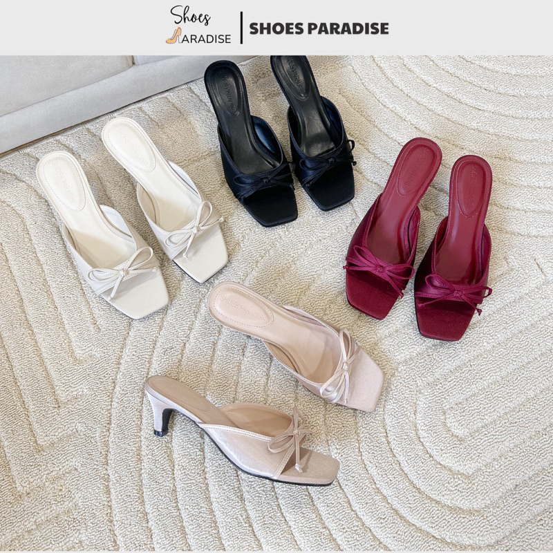Dép nữ 6 phân nơ gót nhọn Shoes Paradise thời trang đơn giản đẹp sang màu đen đỏ kem XK34