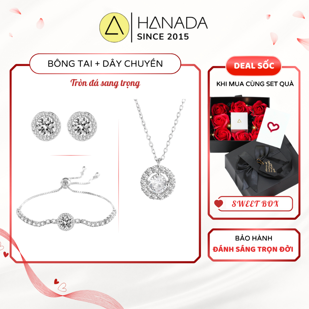 Bộ Trang Sức Bạc 925 HANADA Dây Chuyền Bông Tai Và Lắc Tay Tròn Đá Sang Trọng Tiểu Thư Thanh Lịch 1138 0905 0603 K0