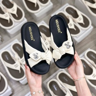 Dép MIDU Đế Bánh Mỳ, Da Mềm Cao Cấp MIDU BANA Nơ Đá 3 Màu 4 Phân