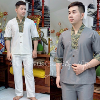 Đồ lam đi chùa cho nam, bộ đồ đi lễ, khóa tu cho nam cộc tay cổ V, nút cài dọc vải cotton thoáng mát phong cách lịch sự